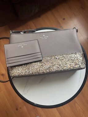 kate spade taupe crossbody with gold glitter trim and matching cardholder